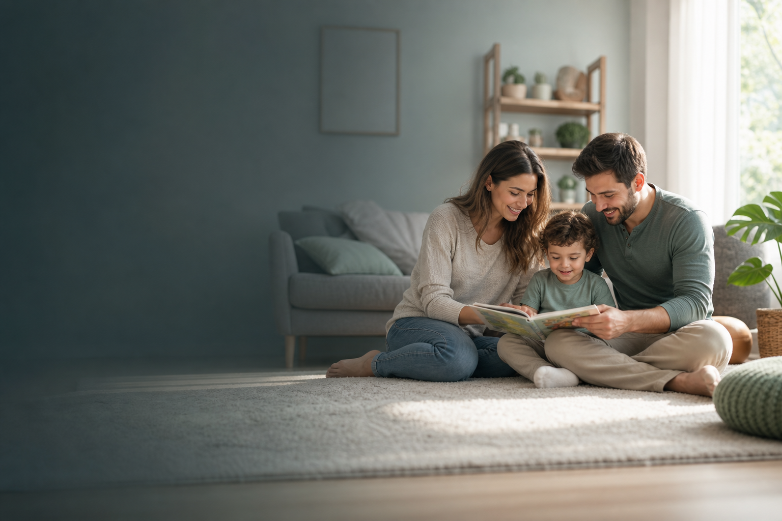 Família em casa com rotina organizada e ambiente tranquilo